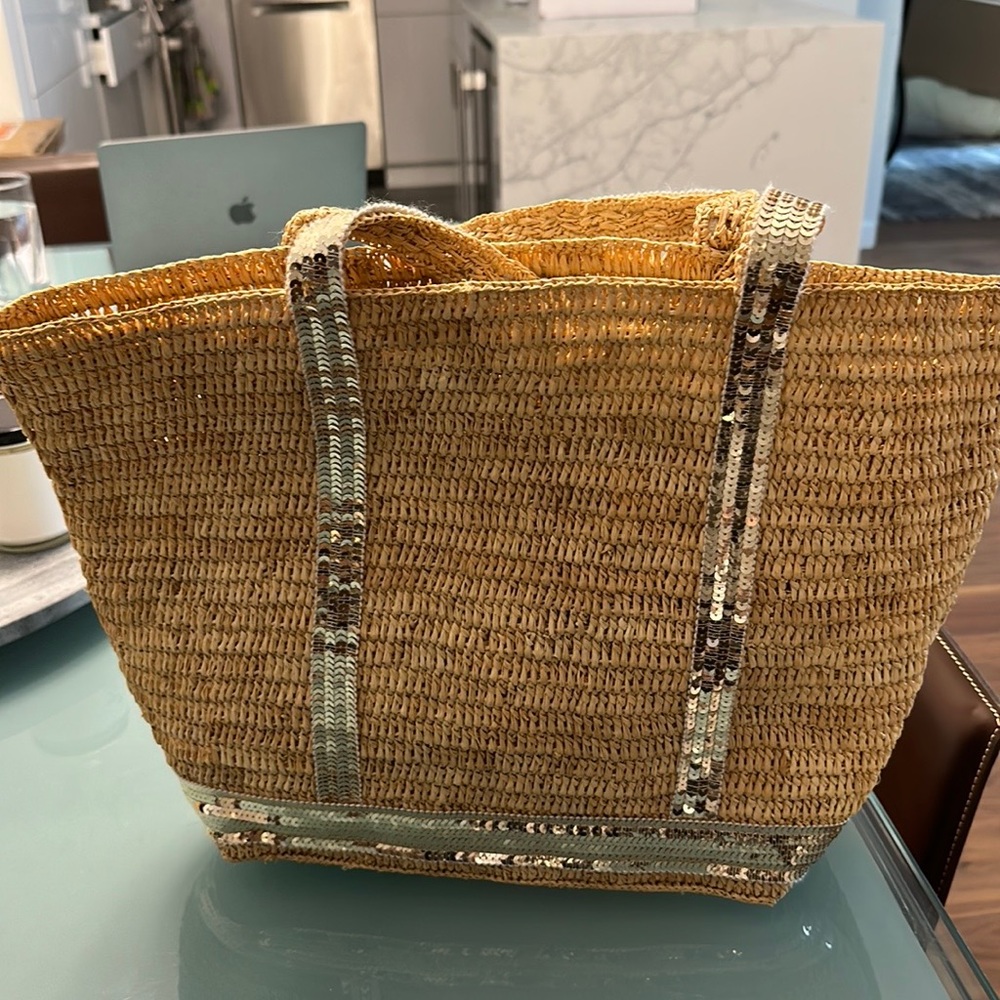 Vanessa Bruno crochet straw tote with silver sequin accents